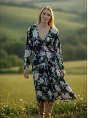 Vintage Floral V-Neck Long Sleeve Tiered Ruffle Midi Dress 90's